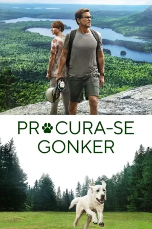 Um homem e um jovem exploram uma montanha com florestas e lagos. Abaixo, um labrador branco corre alegremente em um campo.