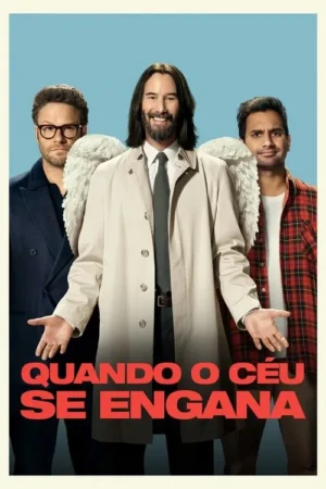 Um anjo sorridente de sobretudo e asas brancas é ladeado por dois homens com expressões cômicas. Fundo azul claro.