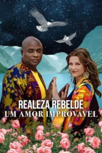 Um casal multicultural em vestes coloridas,mãos quase se unindo. Fiordes,céu estrelado com aves e rosas. Clima romântico e místico.