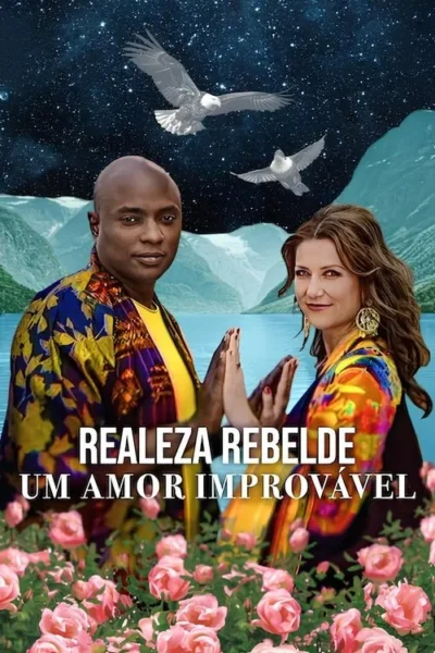 Um casal multicultural em vestes coloridas, mãos quase se unindo. Fiordes, céu estrelado com aves e rosas. Clima romântico e místico.