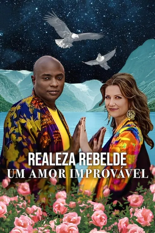 Rebel Royals:An Unlikely Love Story 1 Um casal multicultural em vestes coloridas,mãos quase se unindo. Fiordes,céu estrelado com aves e rosas. Clima romântico e místico.