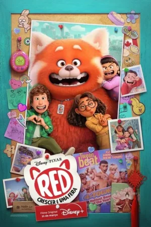 Um panda vermelho gigante sorridente com três garotas e uma mulher. Fundo vibrante de quadro de avisos com fotos e desenhos. Clima divertido e juvenil.