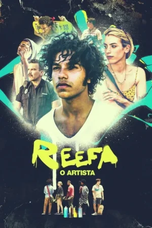 Jovem de cabelo cacheado central. Outros personagens, incluindo policial e jovens, em fundo escuro com arte urbana. Clima jovem e expressivo.