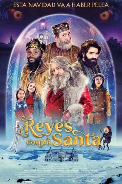 Pôster natalino com Papai Noel, três reis e crianças em uma esfera mágica de neve, sobre paisagem invernal com um castelo. Atmosfera festiva.