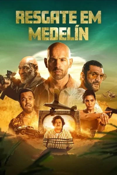 Pôster de ação com protagonista careca no centro, cercado por personagens armados em cenário tropical caótico, com explosões e um refém.