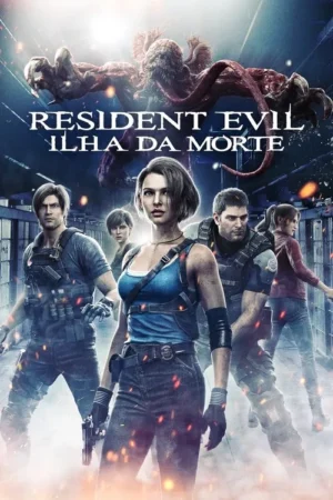 Cinco personagens, com uma mulher de azul à frente, em prisão industrial. Um monstro vermelho e tentaculado paira acima, ameaçador. Ação e horror.