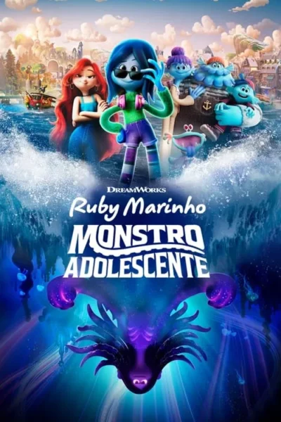 Pôster animado: uma garota monstro azul e uma garota ruiva com família sobre ondas. Um monstro marinho roxo e brilhante espreita nas profundezas.