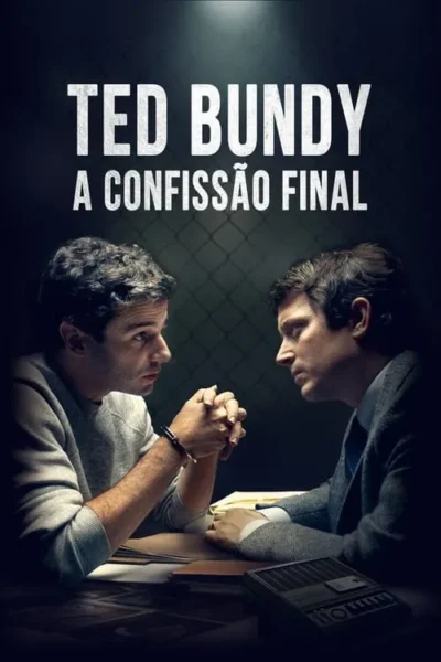 Pôster escuro com dois homens frente a frente numa mesa. Um está algemado, o outro de terno. Fundo com grade, clima de interrogatório tenso.