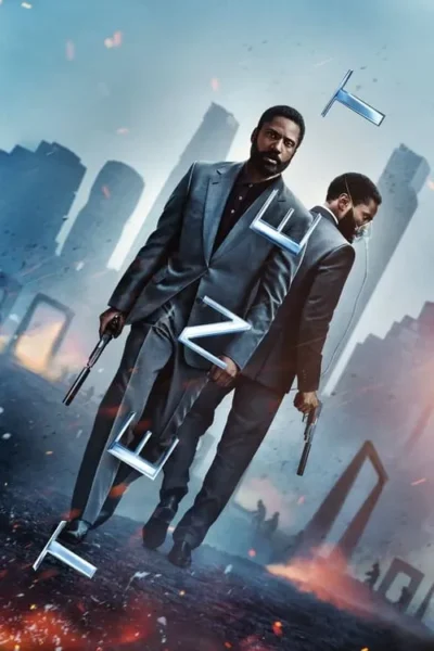 Dois homens de terno seguram armas, um com máscara, contra uma cidade futurista em ruínas com faíscas. Letras metálicas flutuam. Clima misterioso e de ação.