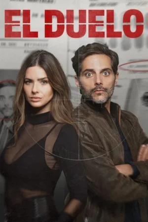 Mulher séria e homem de olhos arregalados em um pôster dramático. Fundo de documentos e mira sugere mistério e investigação.