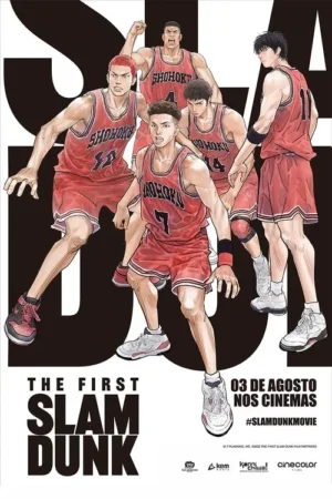 Pôster anime com cinco jogadores de basquete em uniformes vermelhos, em poses dinâmicas e expressões de foco. Fundo minimalista.