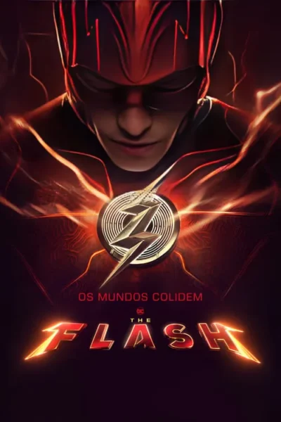 Pôster: Personagem em traje vermelho com máscara, olhando para baixo. Raios de energia o cercam, emanando de um emblema dourado no peito. Clima poderoso.