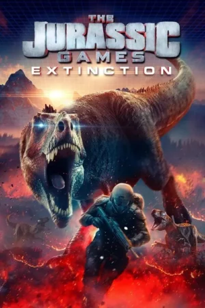 Pôster intenso: T-Rex rugindo com olhos azuis brilhantes, soldado futurista corre entre raptores e chamas. Montanhas, pôr do sol. Ação e perigo.