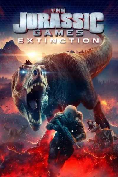 Pôster intenso: T-Rex rugindo com olhos azuis brilhantes, soldado futurista corre entre raptores e chamas. Montanhas, pôr do sol. Ação e perigo.