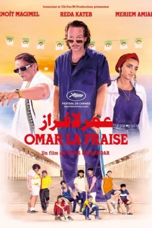 Pôster vibrante: Homem de bigode no centro, outro de branco à esquerda, e uma mulher à direita. Pôr do sol na praia, bandeiras e um grupo de jovens abaixo.