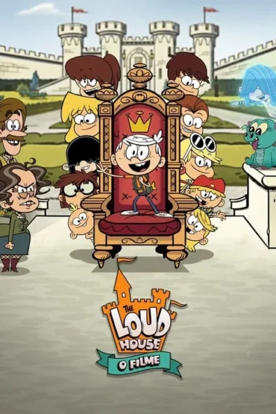 Um menino feliz com coroa num trono real dourado, cercado por uma família numerosa e animada. Castelo majestoso ao fundo. Clima de aventura.