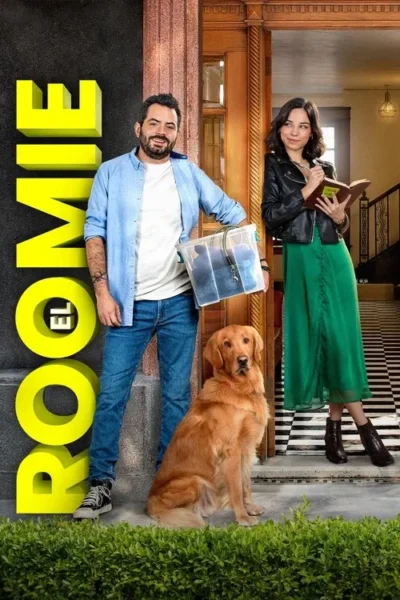 Homem com caixa, mulher com livro e um golden retriever entre eles, na entrada de uma casa. Clima de nova moradia.
