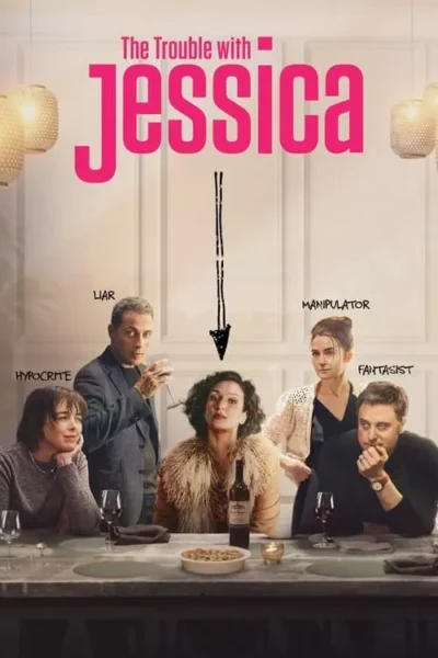 Pôster: Cinco pessoas à mesa, uma mulher ao centro. Os outros exibem rótulos como 'Mentiroso', 'Manipulador', indicando tensão social e julgamento.