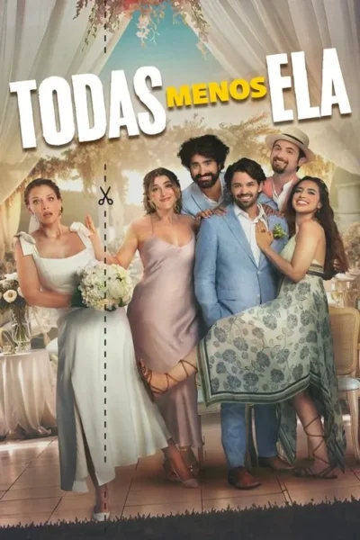 Mulher de noiva chocada e dividida por uma linha de corte de 5 pessoas alegres. Cenário de casamento ensolarado e festivo.
