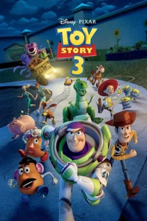Pôster animado com vários brinquedos correndo juntos à noite. Buzz e Woody na frente, muitos outros personagens animados atrás. Clima de aventura.