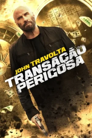 Homem careca e barbudo, de jaqueta escura, segura uma arma. Ao fundo, cofre de banco dourado com notas voando. Atmosfera de ação.