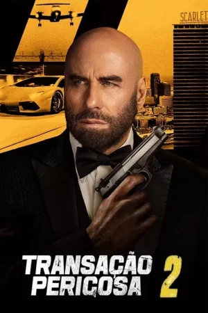 Homem careca barbudo de smoking, olhar sério, segura pistola. Fundo amarelo/preto com avião, carro esportivo e arranha-céu.