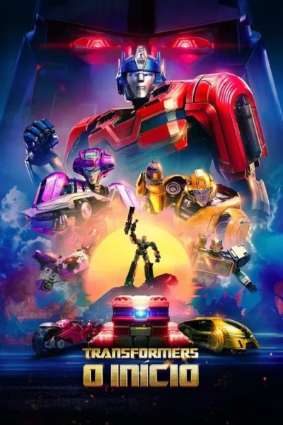 Robôs Optimus Prime, Bumblebee e outros em cenário cósmico azul/roxo com um sol laranja. Veículos futuristas na base.