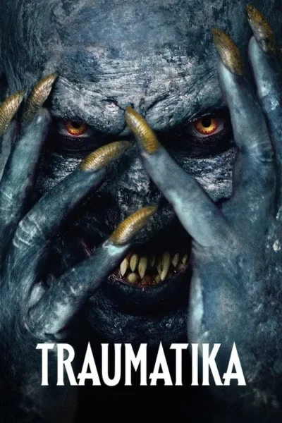 Pôster de terror: Criatura azul-acinzentada com garras amarelas cobrindo parte do rosto. Olhos vermelhos e dentes afiados. Um clima sombrio.
