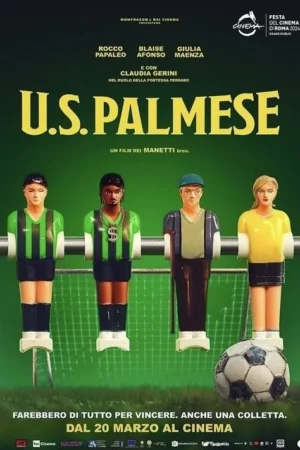 Pôster: Quatro bonecos de pebolim diversos (incluindo uma mulher) em um campo verde. Há um gol e uma bola de futebol gasta. Clima esportivo.