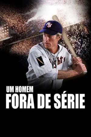 Um jogador de beisebol com uniforme clássico e boné segura um bastão. Fundo escuro com luzes de estádio e chuva de faíscas.