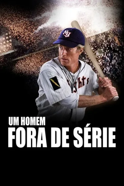 Um jogador de beisebol com uniforme clássico e boné segura um bastão. Fundo escuro com luzes de estádio e chuva de faíscas.
