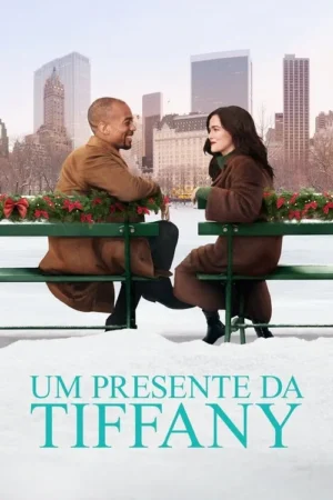 Homem e mulher sorriem em banco decorado com guirlandas de Natal, em parque nevado com skyline da cidade. Clima romântico e festivo.
