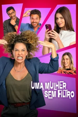 Mulher com expressão exasperada puxa os cabelos no centro. Quatro pessoas em recortes coloridos a cercam. Clima agitado e cômico.