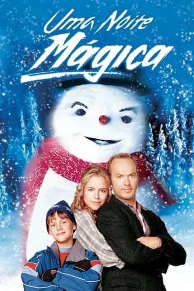 Família (pai, mãe, filho) em primeiro plano, à frente de um boneco de neve sorridente e floresta nevada. Pôster de inverno com atmosfera mágica.