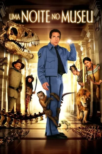 Guarda em uniforme azul em museu, cercado por esqueleto de T-Rex, figuras históricas animadas, macaco e leão. Cenário mágico e caótico.