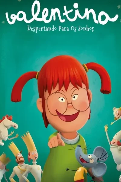 Pôster animado. Garota ruiva de óculos sorri e aponta, cercada por personagens de fantasia como um rato e reis. Fundo verde-água estrelado, clima alegre.