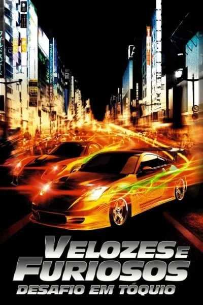 Pôster de filme com dois carros esportivos cor de fogo correndo em uma rua de cidade asiática à noite, com luzes vibrantes e borrões de velocidade.