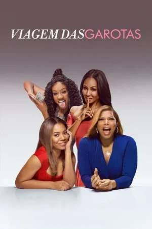 Quatro mulheres negras sorrindo e fazendo poses divertidas. Uma com dinheiro e outra com o dedo na boca. Fundo cinza liso.