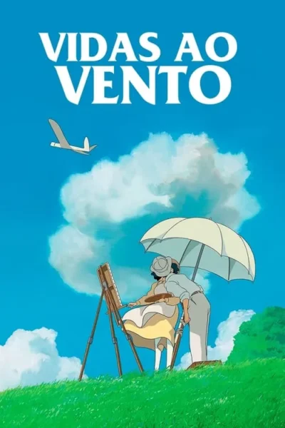 Um casal romântico sob um guarda-chuva, a mulher pintando num cavalete, o homem a abraçando. Céu azul com nuvens e um avião. Clima sereno.