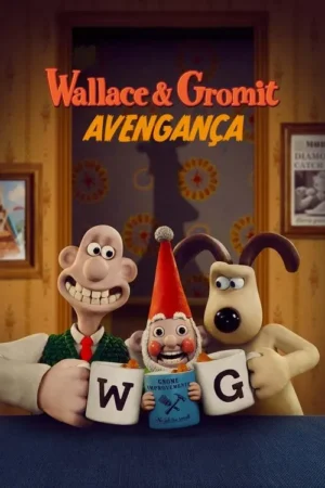 Homem careca e sorridente, cão e gnomo com chapéu vermelho seguram canecas. Animação em massinha em uma sala.