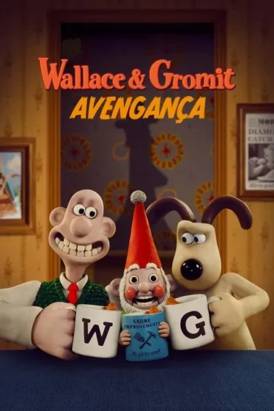 Homem careca e sorridente, cão e gnomo com chapéu vermelho seguram canecas. Animação em massinha em uma sala.