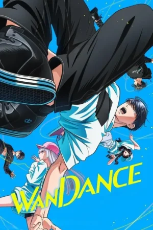 Pôster de anime: Fundo azul com cinco jovens dançarinos em poses dinâmicas e energéticas. Um homem em destaque no centro, perna para cima.