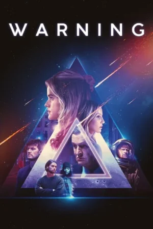 Pôster com múltiplos personagens sérios em um triângulo luminoso. Fundo espacial escuro com estrelas e rastros de luz. Clima de suspense sci-fi.