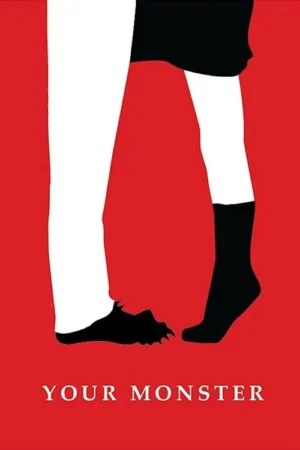 Pôster minimalista: fundo vermelho. Perna de calça branca termina em pata monstruosa preta, ao lado de perna humana com meia preta.