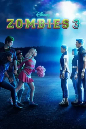 Dois grupos de jovens se enfrentam sob a luz azul noturna: um com visual de zumbis/humanos e outro com look alienígena/robótico.