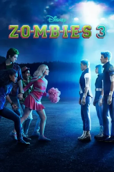 Dois grupos de jovens se enfrentam sob a luz azul noturna: um com visual de zumbis/humanos e outro com look alienígena/robótico.