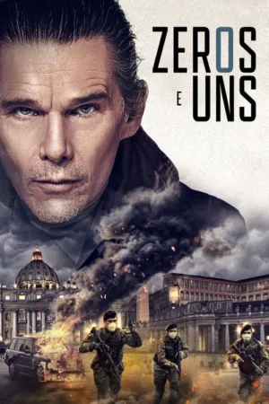 Pôster: close-up de homem sério sobre cenário de cidade em caos, com fumaça, fogo e soldados mascarados em patrulha. Clima tenso.