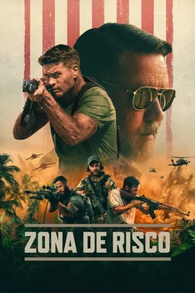 Pôster de ação: Homem com rifle, perfil de outro de óculos. Soldados armados em selva árida com jatos e helicópteros. Clima tenso.
