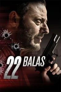 Um homem barbudo de perfil, com semblante sério, segura uma pistola. O fundo escuro/vermelho mostra buracos de bala, criando um clima de ação.