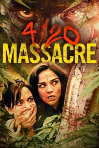 Pôster de terror. Olhos ameaçadores acima de duas mulheres aterrorizadas entre plantas de maconha. Um facão ensanguentado é visível.